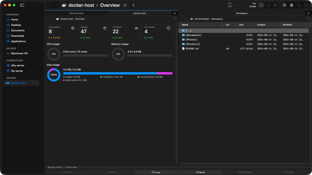 Docker overview beside a file pane