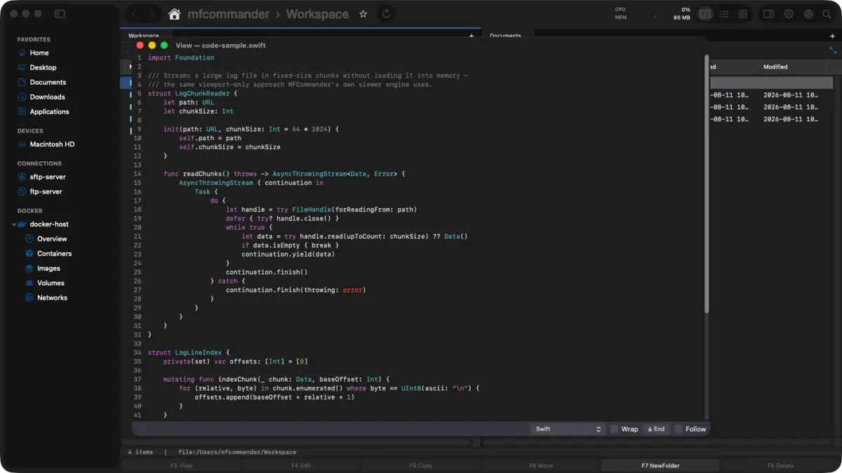 Syntax-highlighted file viewer over the MFCommander workspace