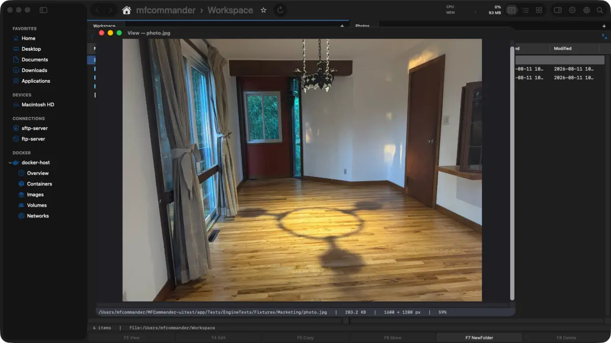 Image viewer over the MFCommander workspace