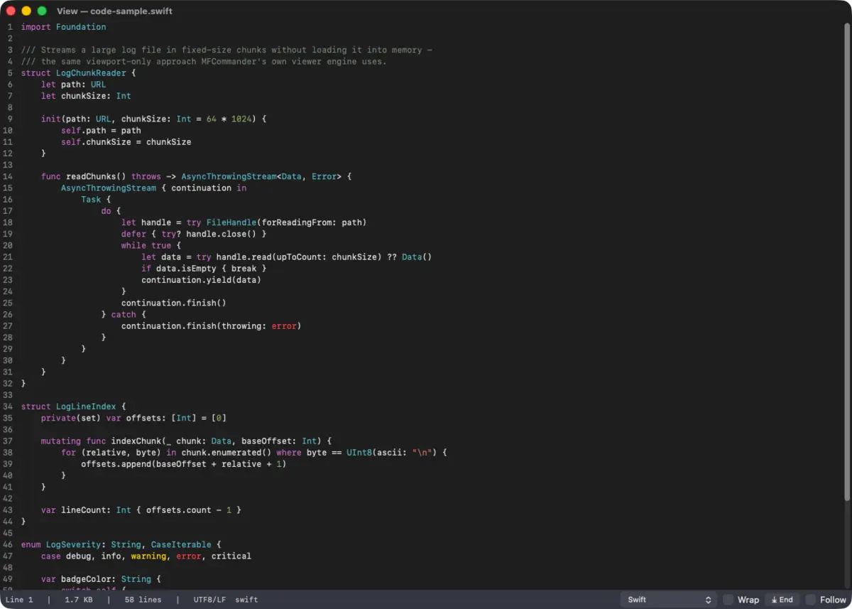 The MFCommander viewer showing syntax-highlighted HTML with line numbers, and a status bar reading line, size, line count, encoding, wrap, end, and follow