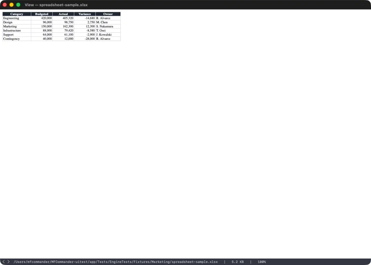 The MFCommander viewer showing a spreadsheet as formatted tables with sheet tabs along the bottom, and an SMB path in the status bar